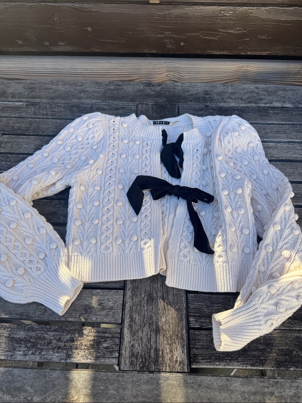 Alice + Olivia Ivory Cable Knit Cardigan with Black Ribbon Ties